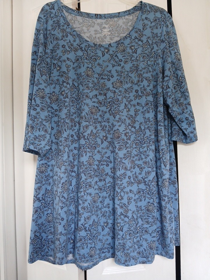 J.Jill Pure Jill Top Womens 2X Ballet Sleeve Tunic  Blue Floral 3/4 Sleeve Shirt