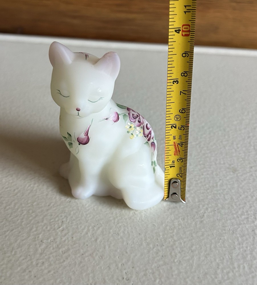 Vintage Fenton White Satin with Pink Tip Glass Cat Figurine Hand Painted Signed