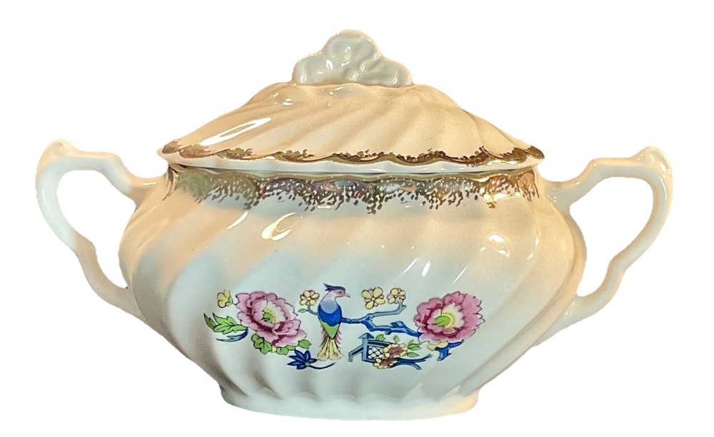 Vintage Royal China Ming Tree Oval Sugar Bowl and Lid, Colorful Bird And Flowers