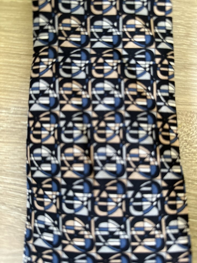 Vintage Geometric Silk Necktie Blue Beige Black Abstract Pattern Men’s Tie
