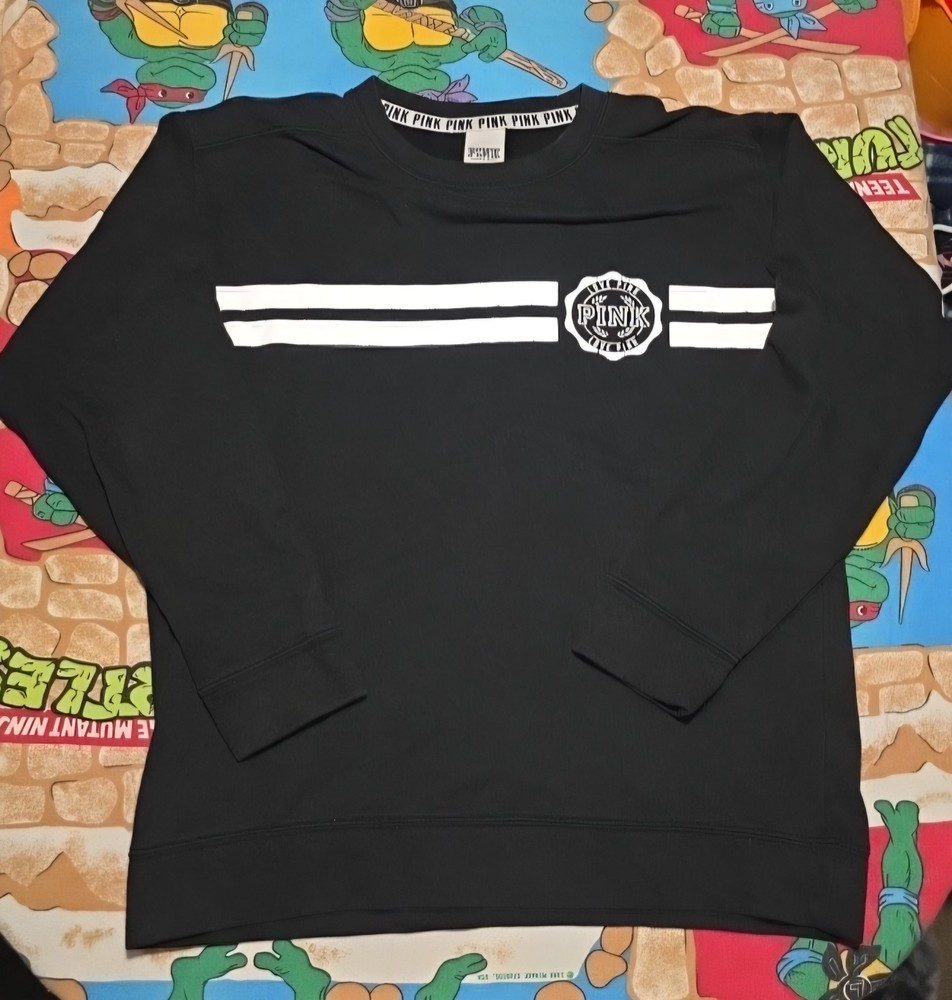 Womens Sz XS Victoria's Secret PINK Black/White crew Neck Pullover Sweatshirt