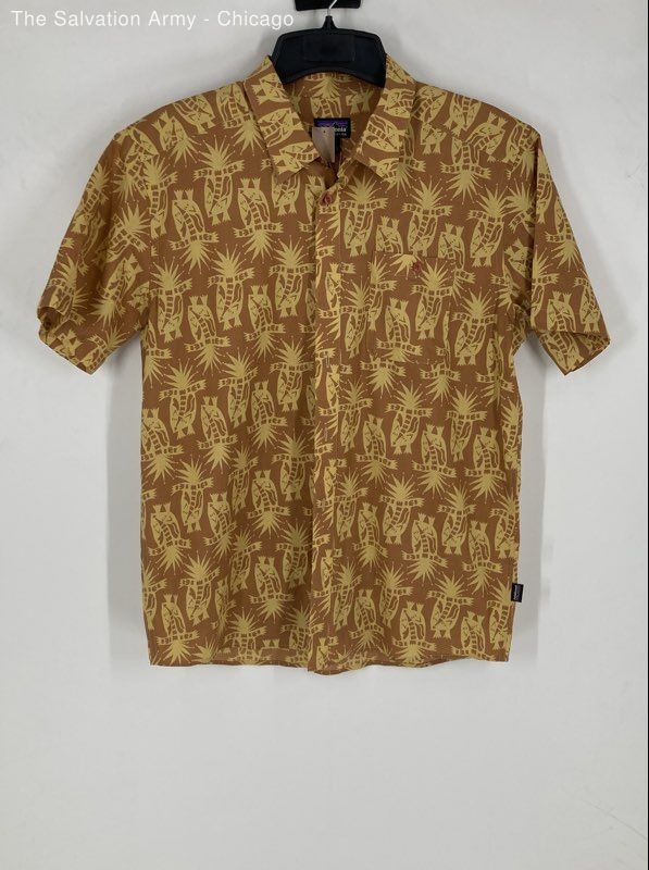 Patagonia Mens Brown Yellow Animal Print Short Sleeve Button-Up Shirt Size Large