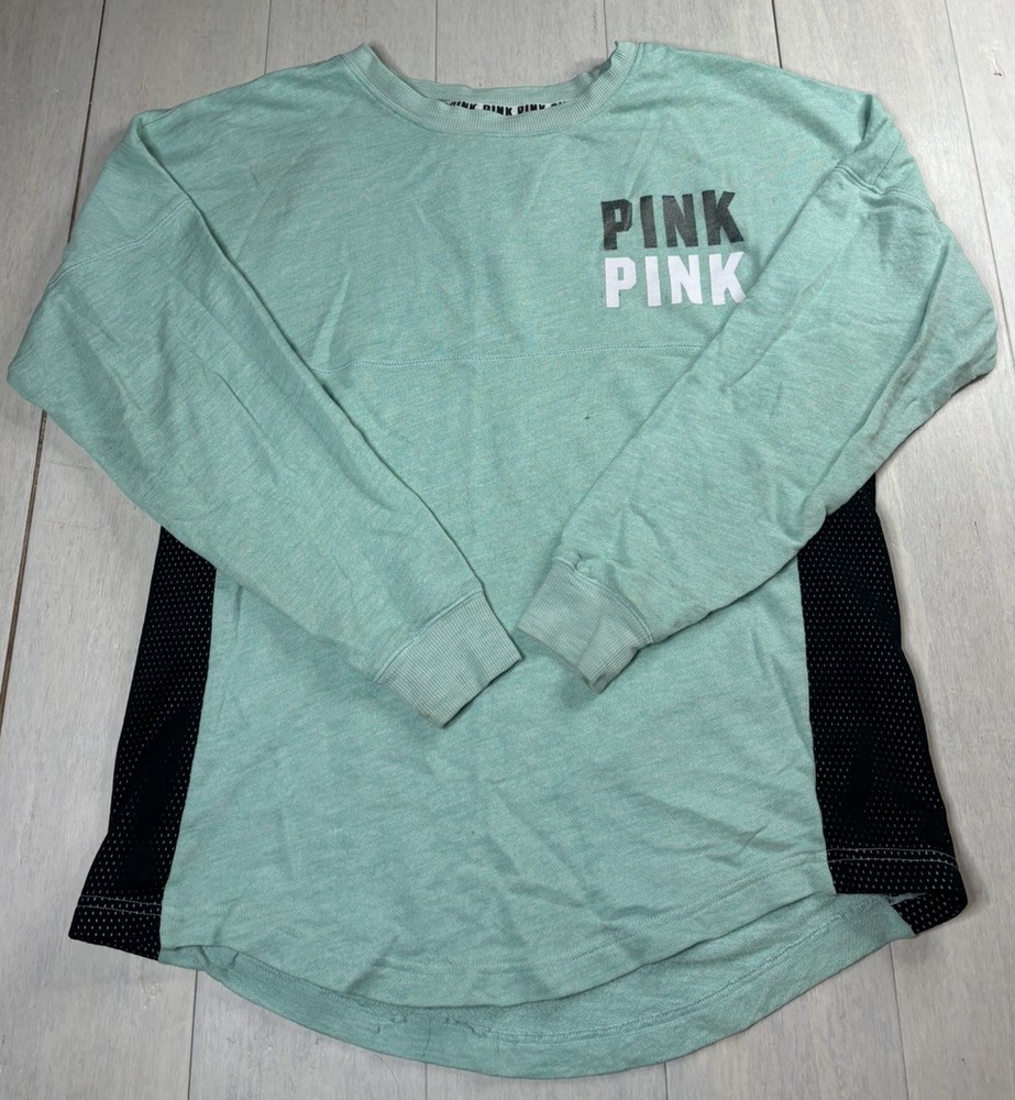 PINK Victoria's Secret mint Logo Long Sleeve Crew Neck Pullover T-Shirt XS