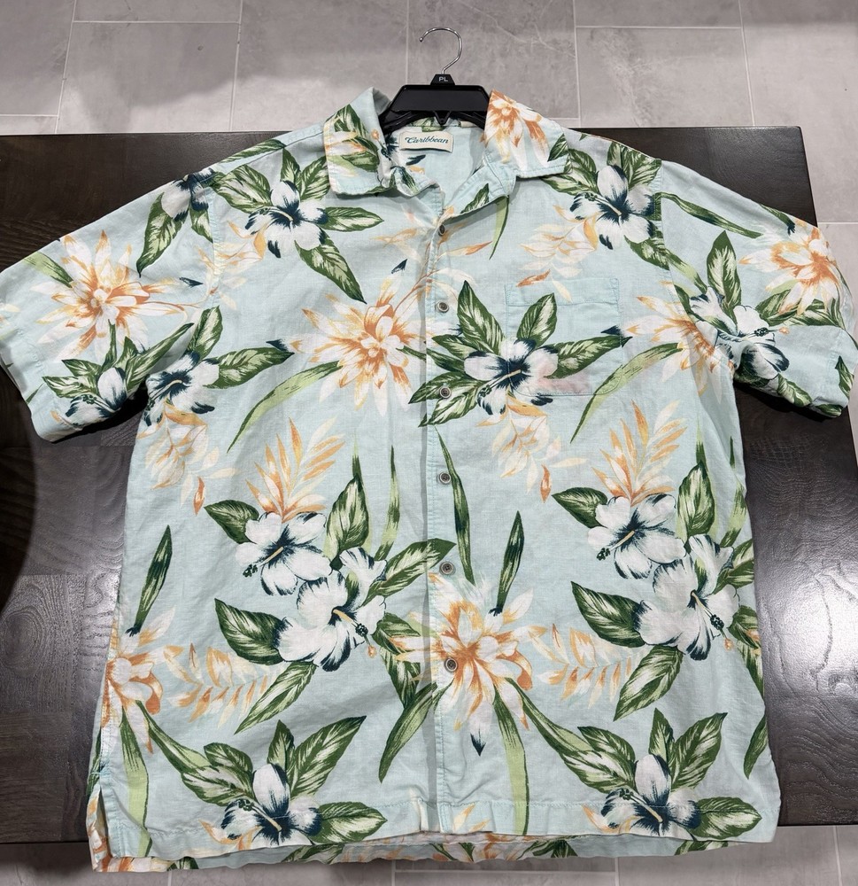 Caribbean Blue Tropical Floral Hawaiian Linen Button-Up Shirt Pockets Size L