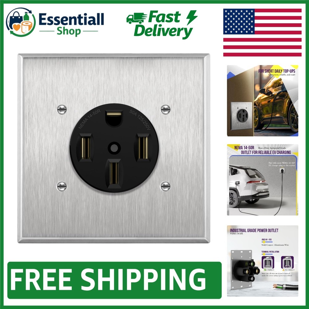 50 Amp NEMA 14-50R Thermoplastic Range Receptacle Outlet with Metal Wall Plate