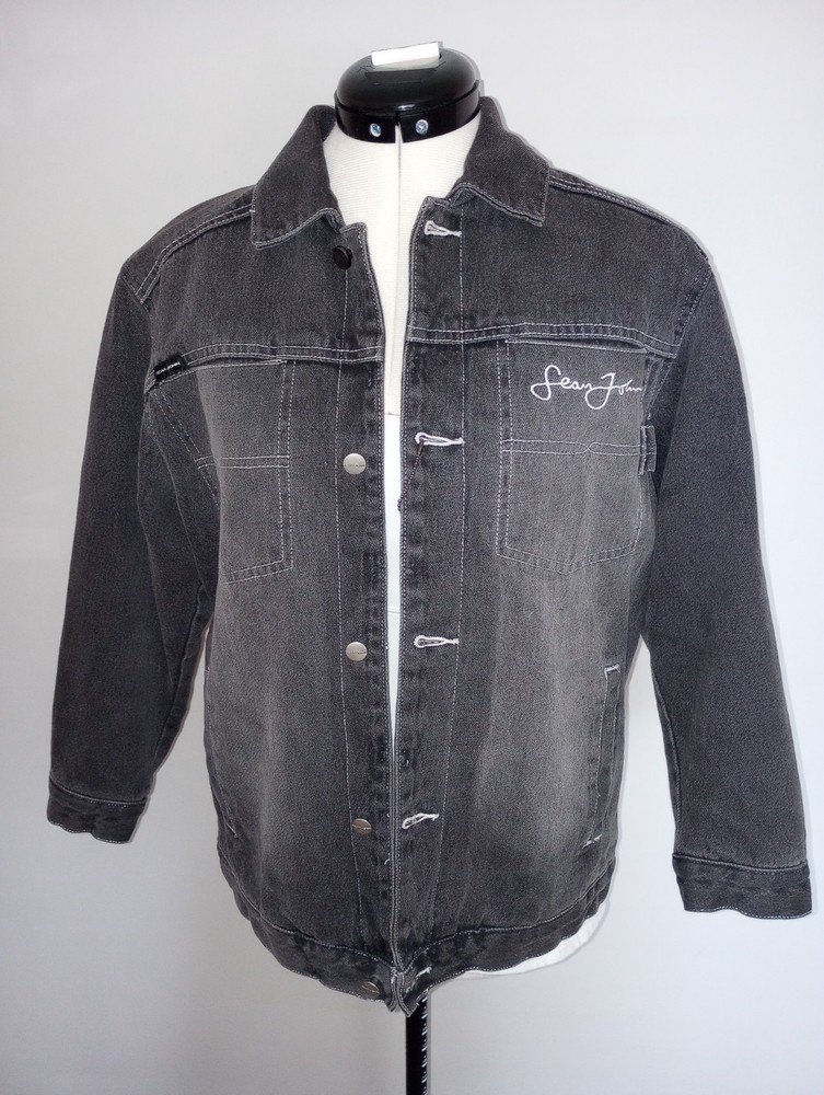 Vintage Sean John Jacket Mens  Black Denim Button Up Embroidered Hip Hop size S