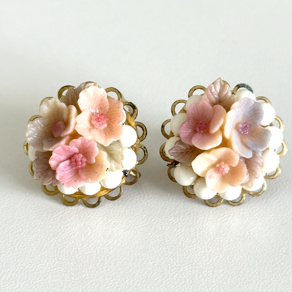 Vintage Multicolor Celluloid Carved Flower Gold Tone Screw Back Earrings