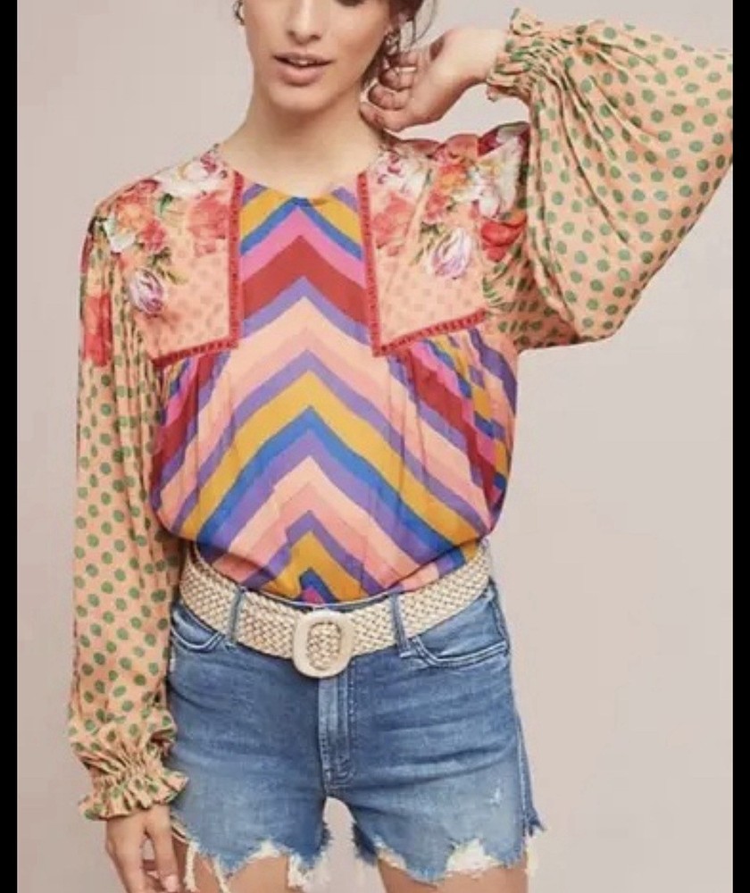 Anthropologie blank LOND Chevron Stripe Multicolor Peasant Blouse - Pink/Mustard