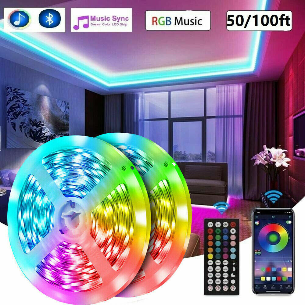 LED Strip Lights 100ft 50ft Music Sync Bluetooth 5050 RGB Room Light with Remote