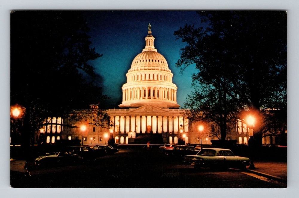 Washington DC Illuminated Capitol Building at Night Vintage Postcard