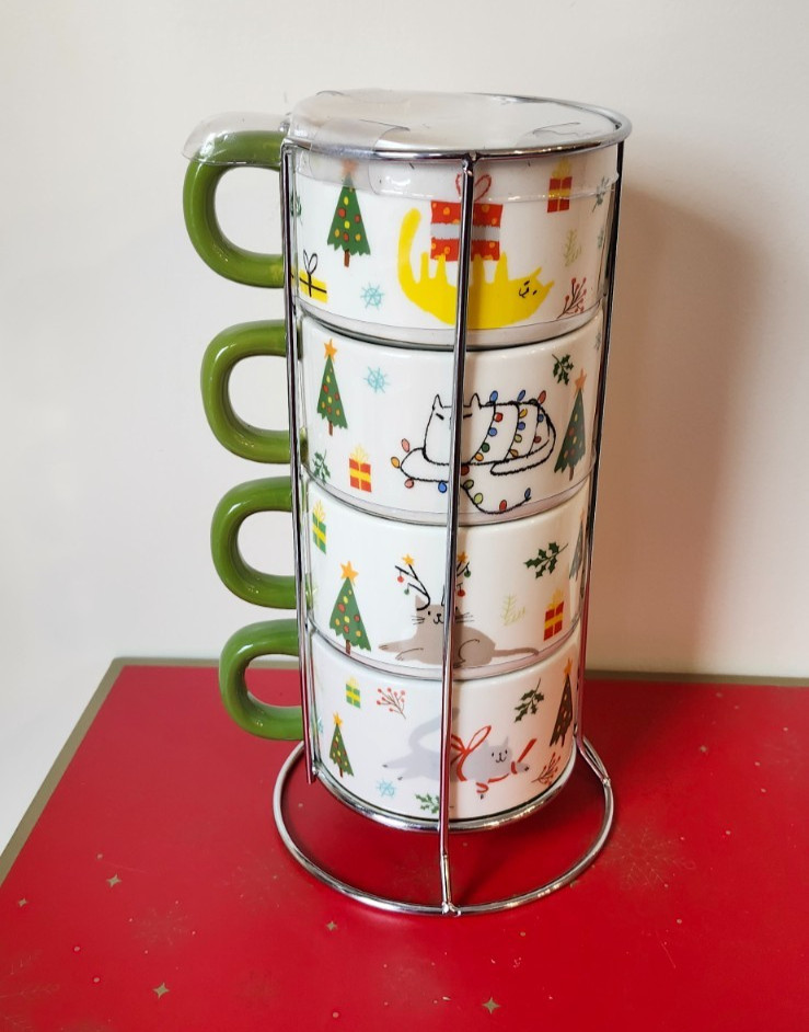 Potter's Studio 4 Stackable Cats Ceramic Tower Coffee Mugs With Wire Rack NEW
