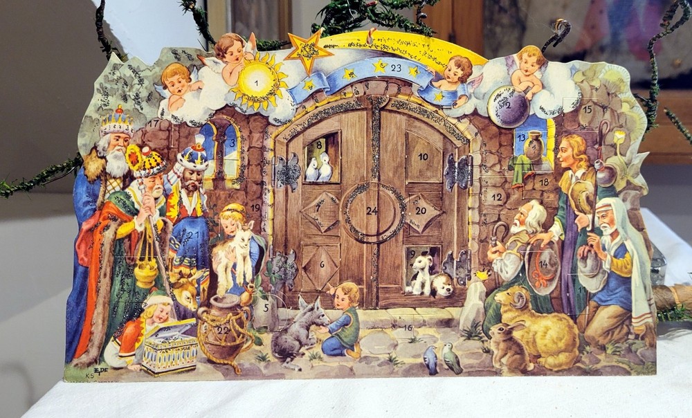 Advent Calendar Vintage. Nativity Scene, W Germany.  Angels, Kings, Shepherds Aw
