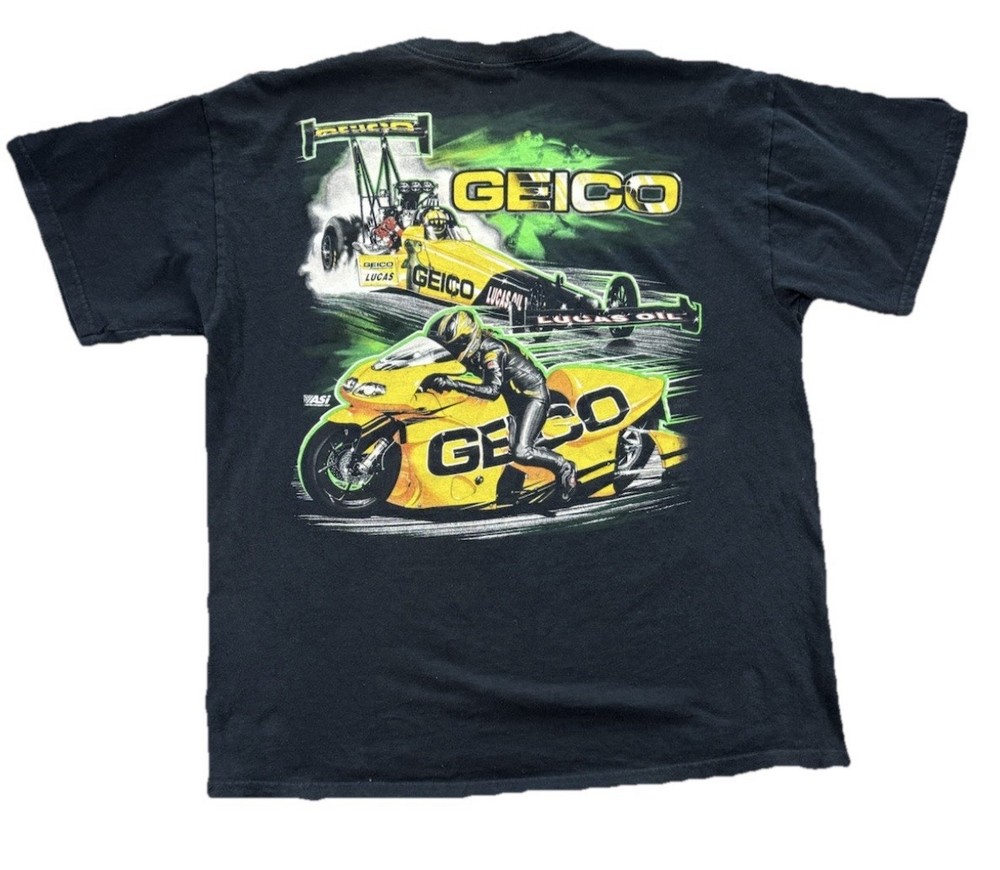 Vintage Geico Gecko Racing T Shirt Men's Large Black Nascar Y2K Insurance TV