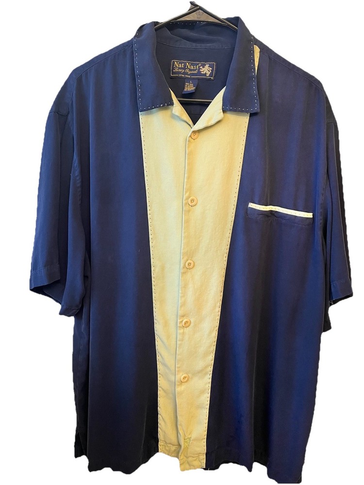 90s Nat Nast Silk Shirt Men L Navy/Green Luxury Originals Colorblock Pick Stitch