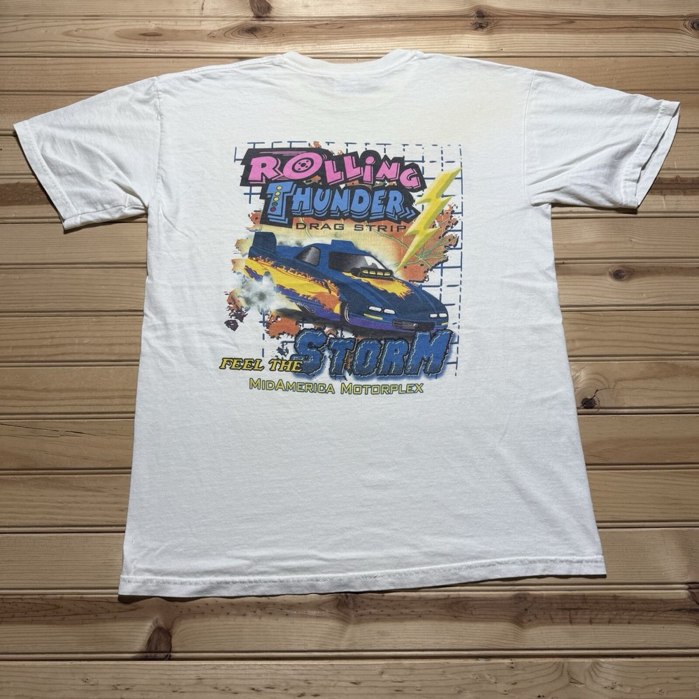 Vintage 90s Y2K Rolling Thunder Drag Strip Feel The Thunder Racing Shirt Medium
