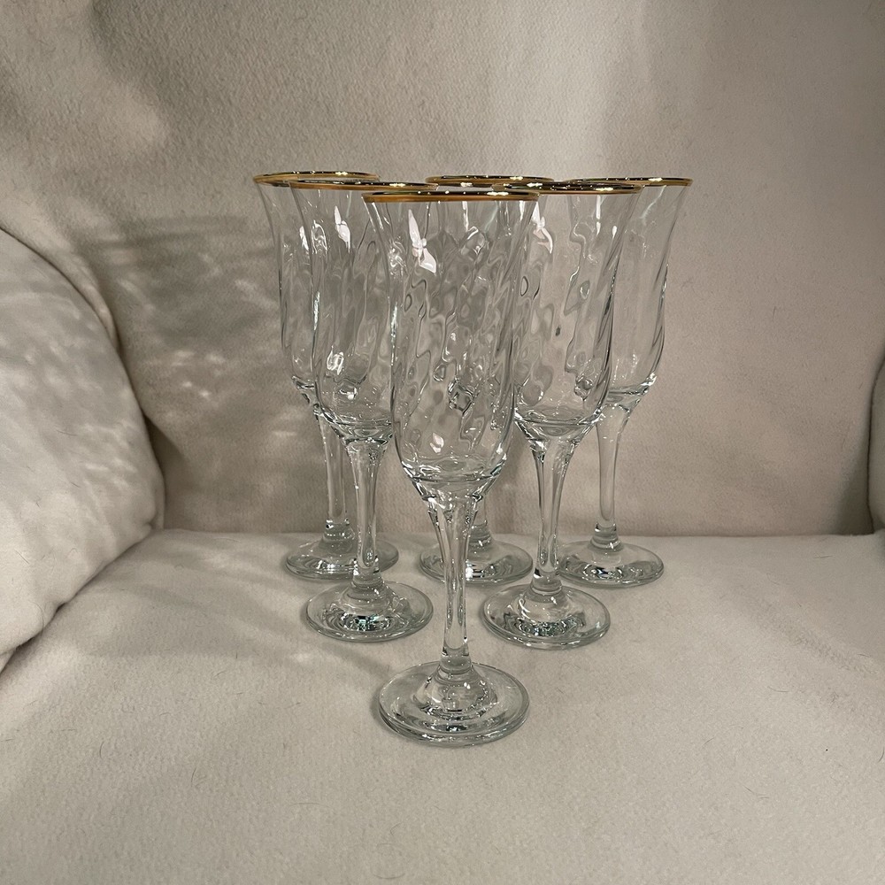 Circle Ware Maxim Gold Rim Ribbed Champagne Flutes Set of 6