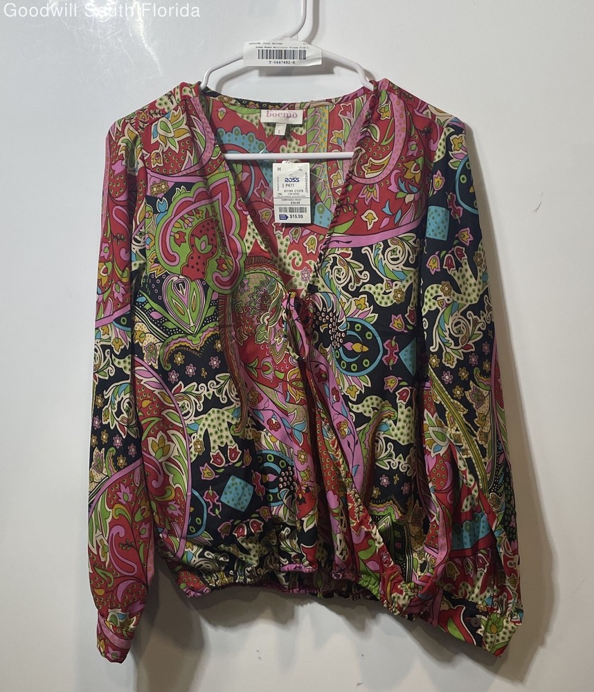 Boemo Womens Multicolor Floral V-Neck Long Sleeve Blouse Top Size L With Tags