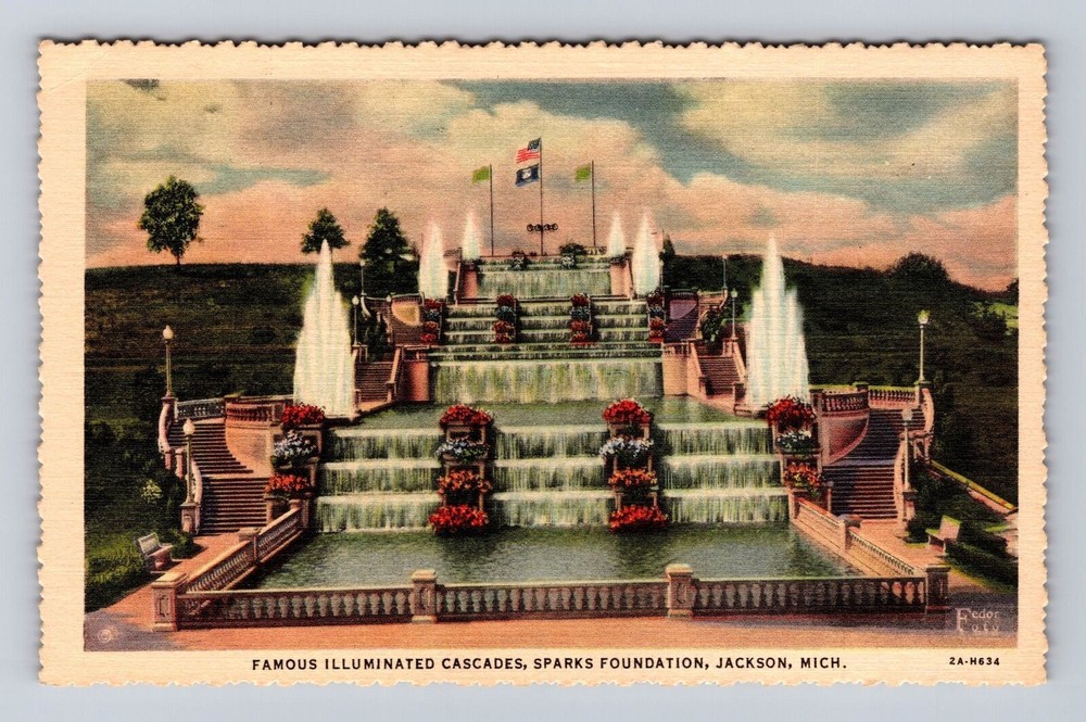 Jackson MI-Michigan, Sparks Foundation, Illuminated Cascades Vintage Postcard