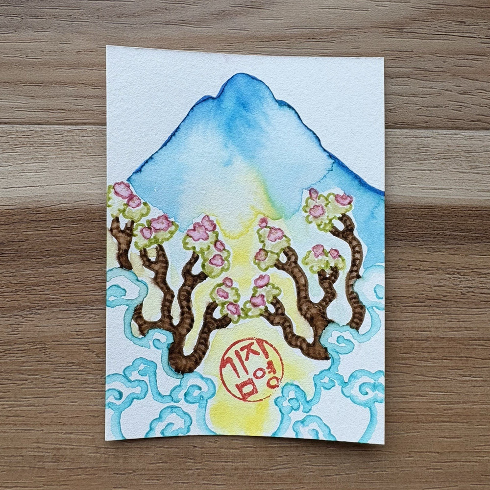 ACEO Original Watercolor Fantasy Day Mountain and Clouds 2.5x3.5 by Jiyoungz