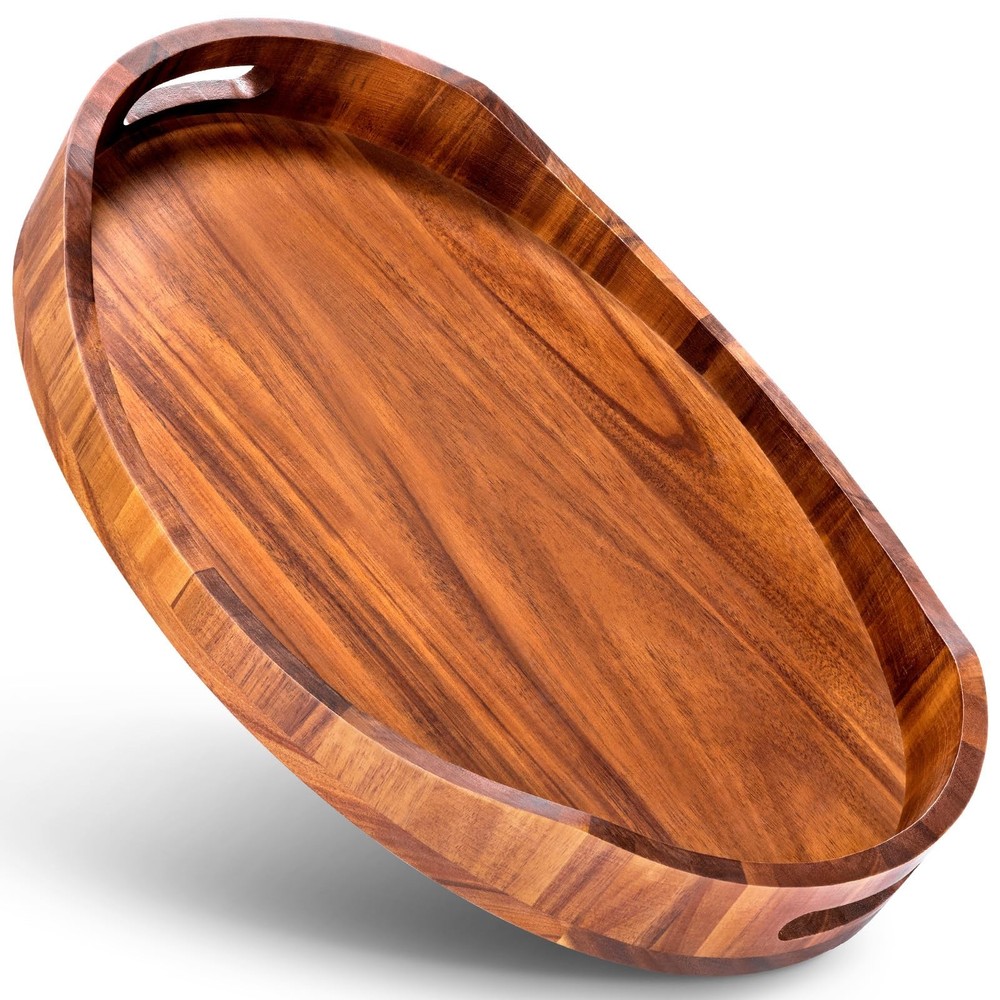 Acacia Wood Serving Tray with Handles - Decorative Ottoman Tray for Brunch or Coffee-image