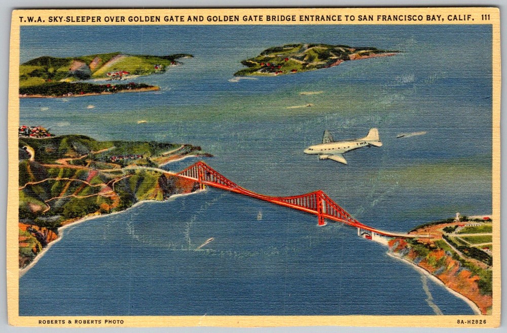 Vtg Linen Postcard Twa Sky-sleeper Golden Gate San Francisco, CA 1930s