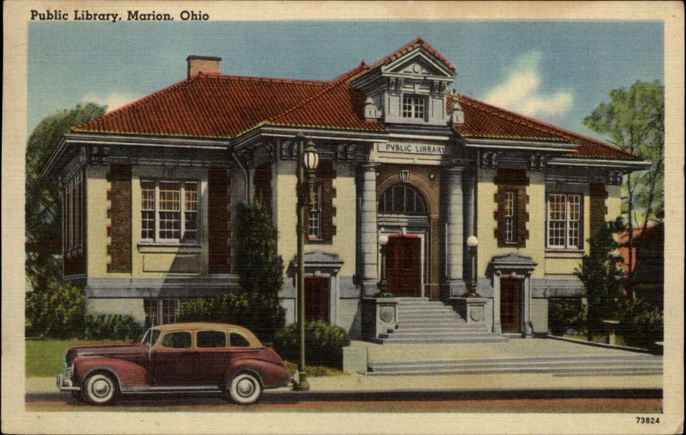Marion Ohio Public Library 1930s car mailed 1936 vintage linen postcard