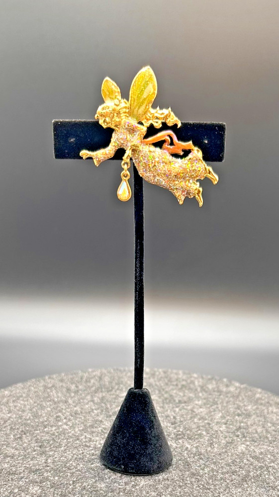 Kirks Folly Vintage Glitter Flying Fairy Pendant Brooch AB Charm Gold Tone MINT