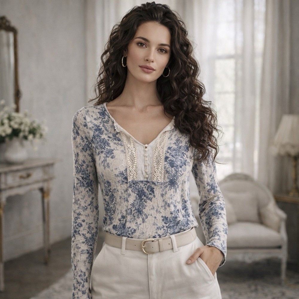 Denim & Supply Ralph Lauren Lace Henley Top L Sheer Blue Floral Ivory Poetcore