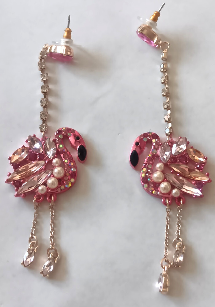 Betsey Johnson Pink Flamingo Crystal Rhinestone Pearl Dangle Drop Earrings