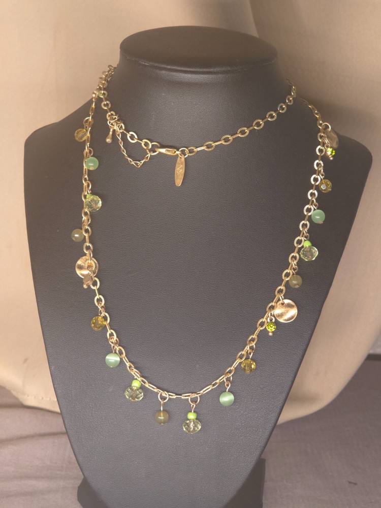 Vintage green cats eye  gold tone discs dangle necklace 30