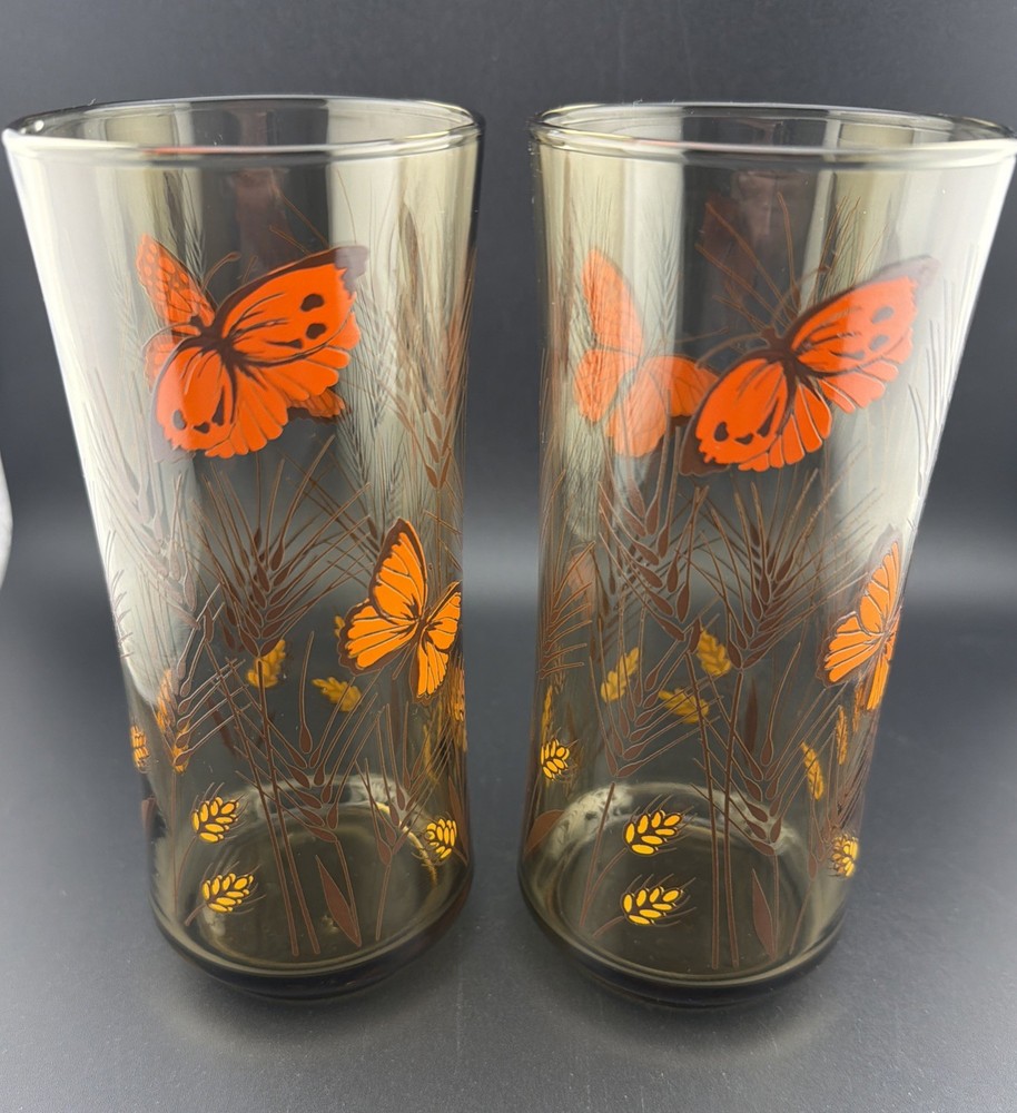 Vtg Libby Drinking Juice Glass Set of 2 Monarch Butterfly Wheat Orange MCM 12 oz