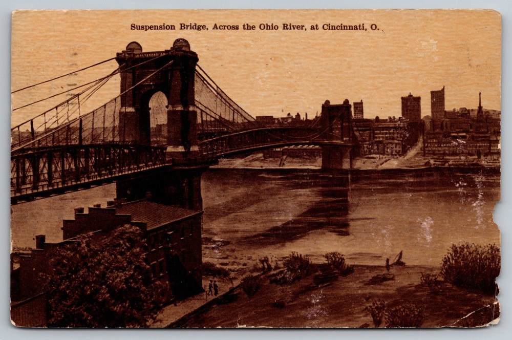 Cincinnati, Ohio - Suspension Bridge across The Ohio River - 1908 Postcard H