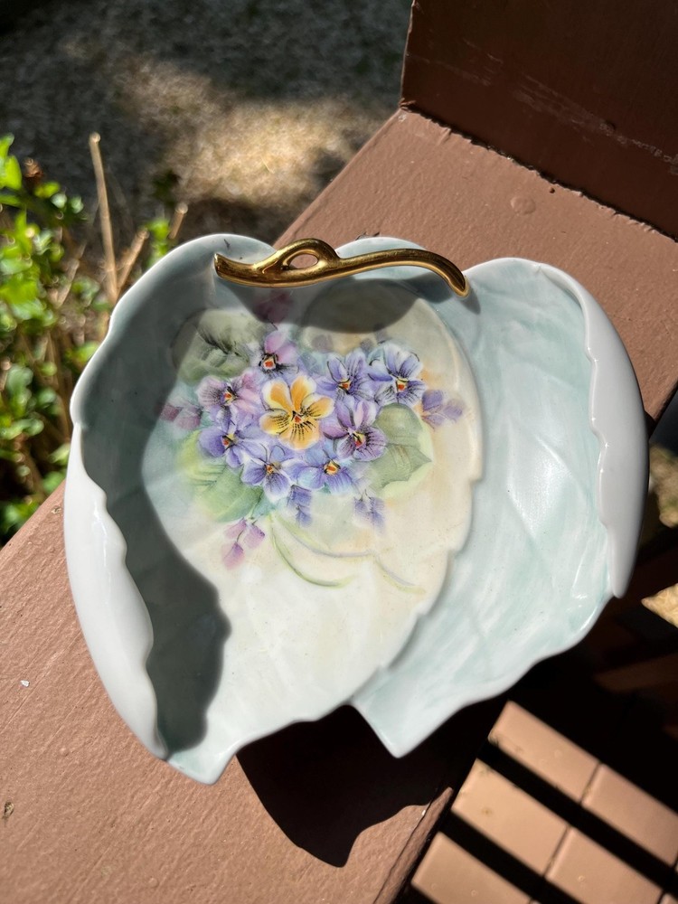 Vintage Porcelain Trinket Dish: Curled Leaves with Violets and Gold Handle