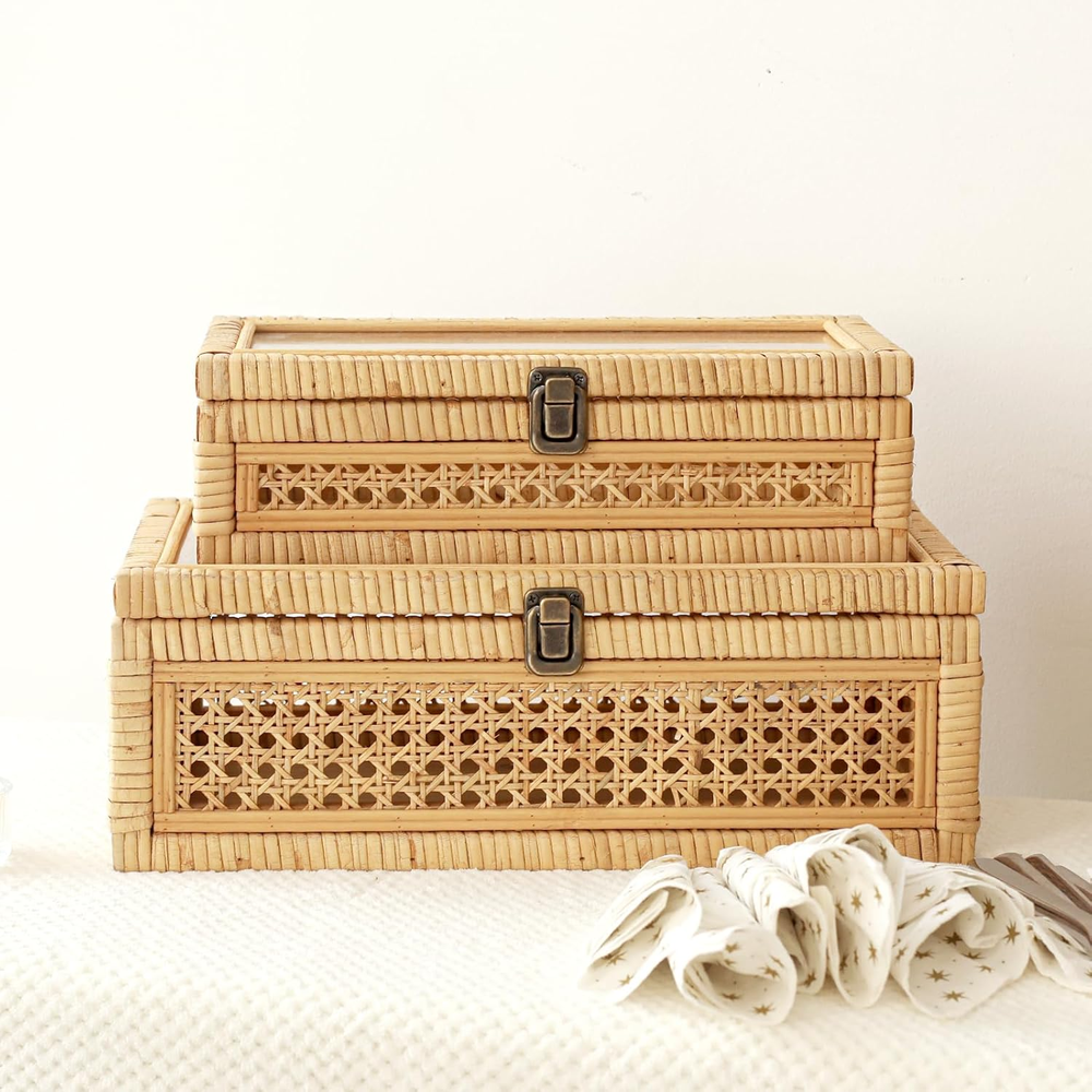 Rattan & Cane Stacking Storage Boxes with Glass Lid - Set of 2 Boho Rustic Decor