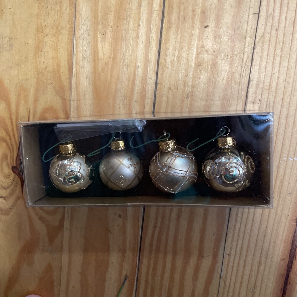 Set of 4 Michaels Glass Christmas Ornaments Goldw/Glitter & Flat Bottom 1.57”NIB