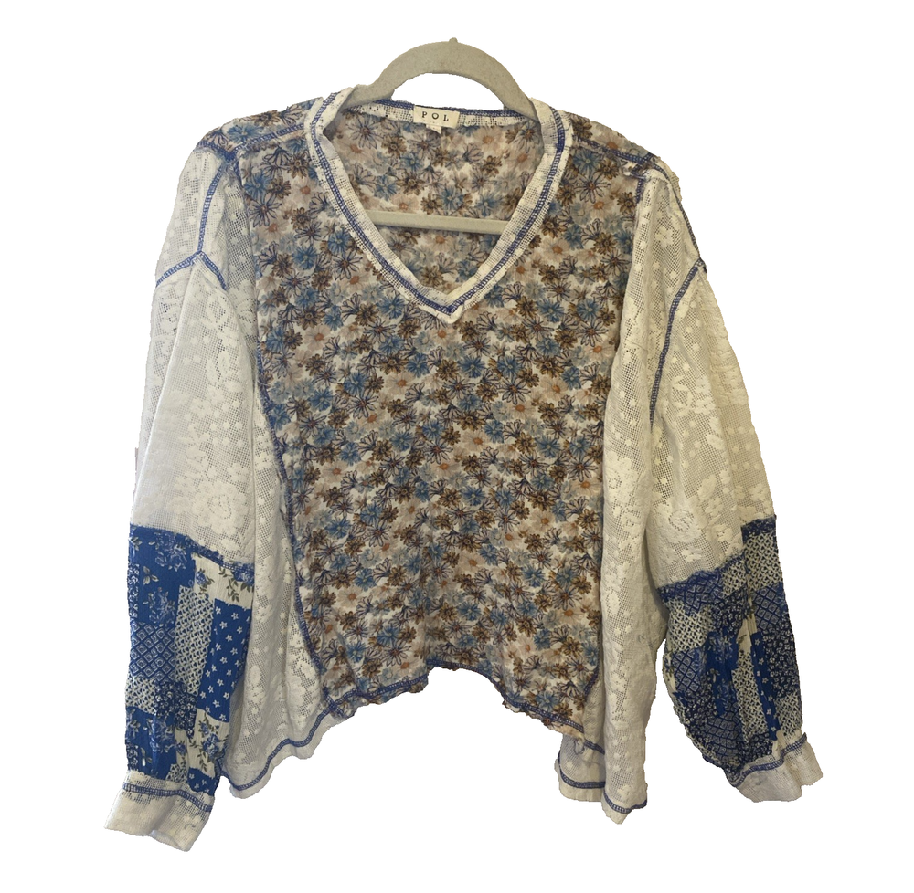 POL Women L Patchwork Shabby Oversized Cottagecore Boho Raw Hem Floral Print Top