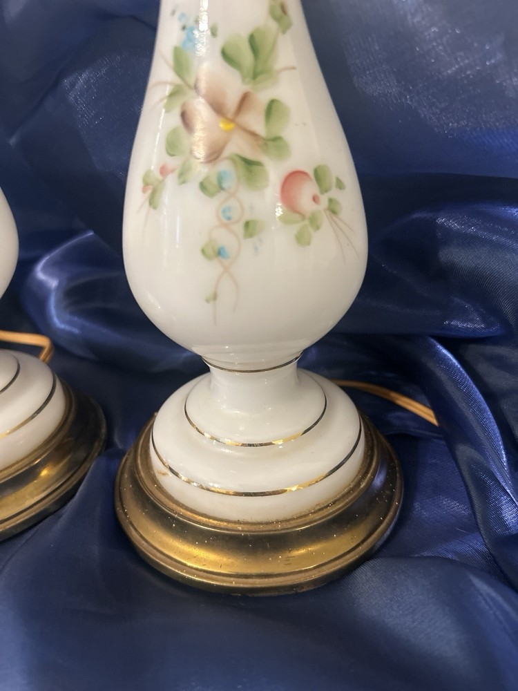 VINTAGE Floral HAND PAINTED MATCHING BRASS MILK GLASS LAMPS NO DMGE!