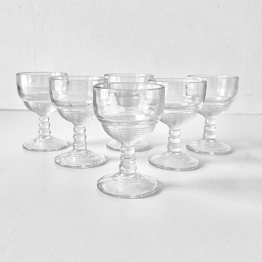 Vintage Ribbed Absinthe Cordial Glasses Set of 6 French Aperitif Stemware-image