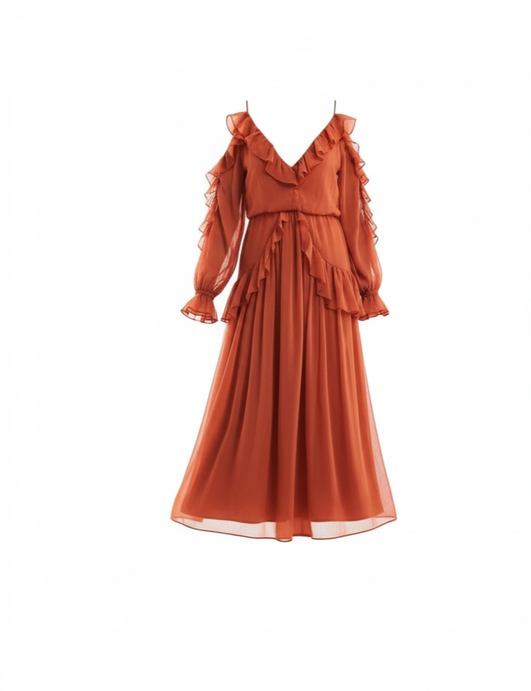 ASOS Design Rust Orange Boho Maxi Dress Ruffle Cold Shoulder Open Back Size 10