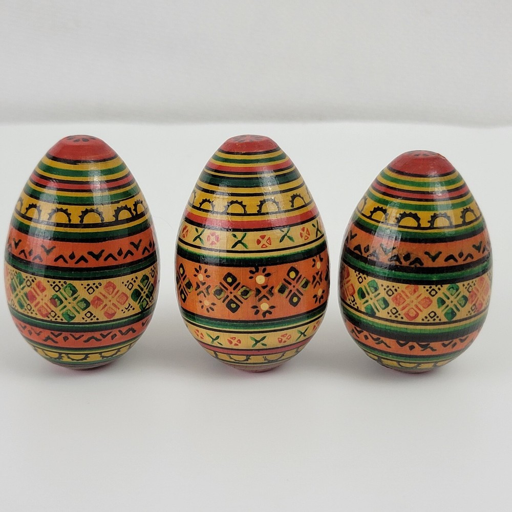 ビンテージ木製卵 3個 手塗り 東ヨーロッパ 1970年代 色 春