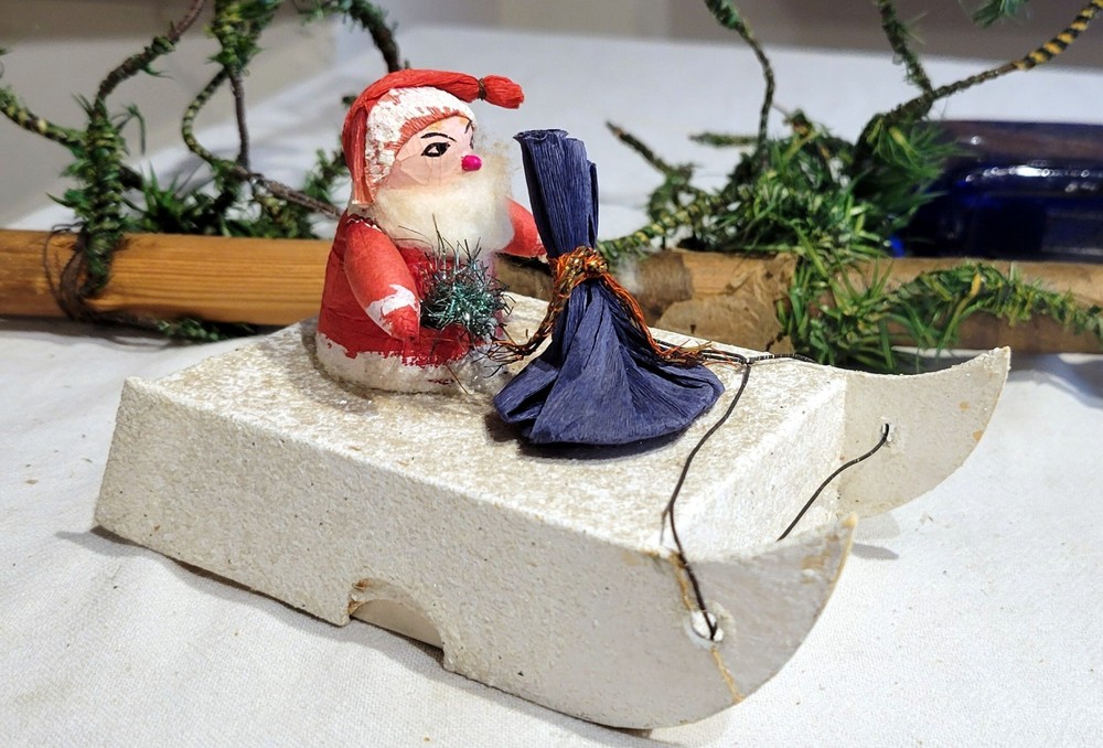 Santa, on Glittered Sled. Austrian 1960s Candy Container. Flocked, & Decorated