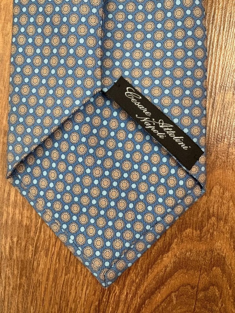 Cesare Attolini Napoli Silk Tie Blue Geometric Pattern Handmade Italy