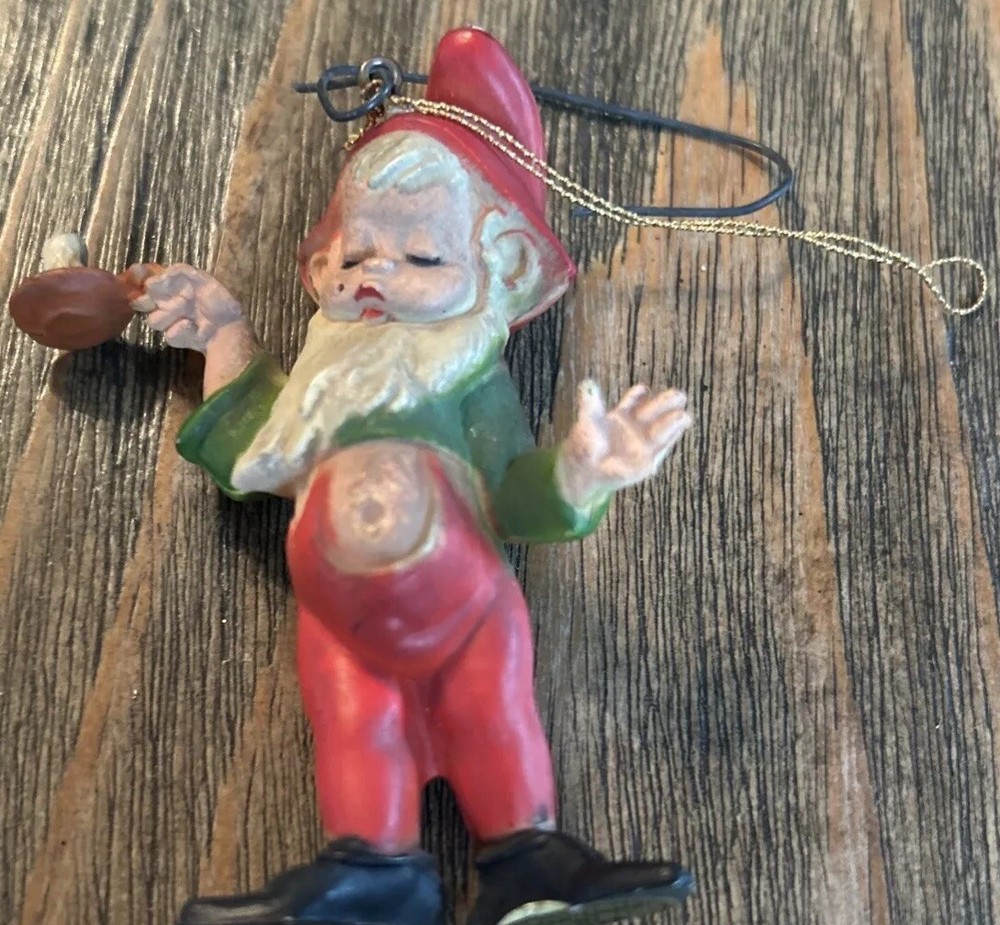 Vintage Christmas Sleepy Gnome Elf Holding A Candle Hanging Ornament