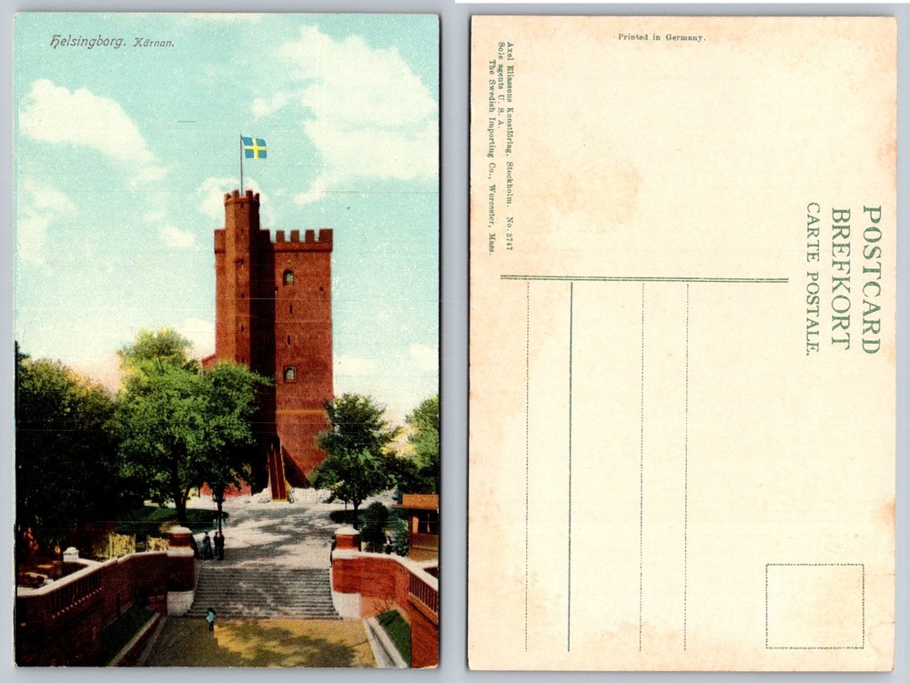 Helsingborg Kärnan Sweden Castle Tower Swedish Flag Vintage Postcard