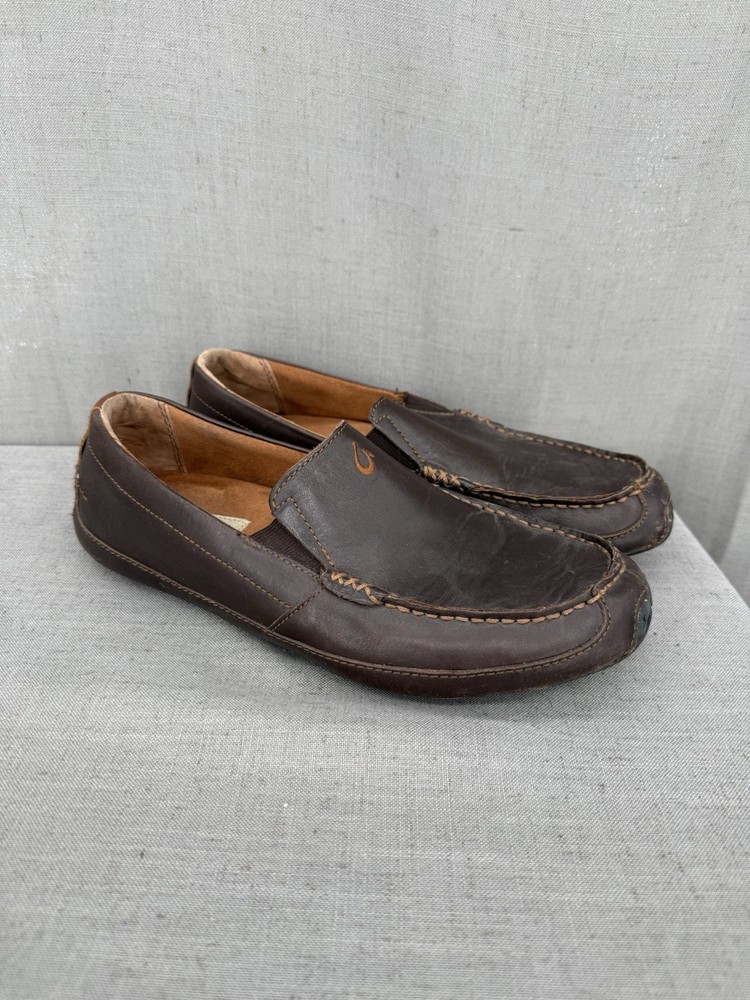 OluKai Men's Size 8.5 Akepa Moc Slip On Leather Driving Shoes Loafers Brown
