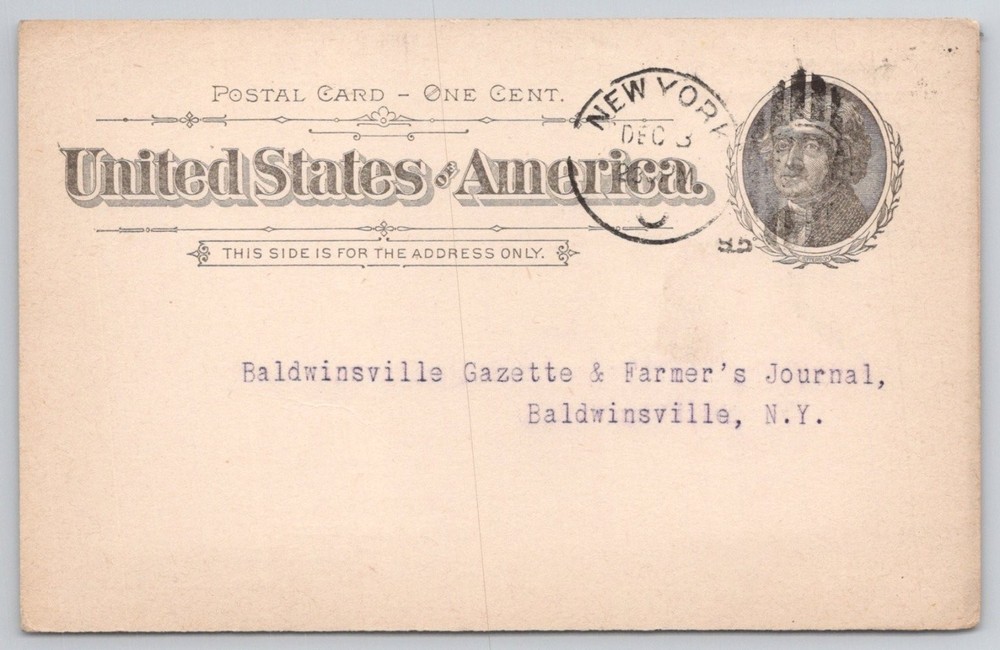 1895 Frank Seaman Advertising Postal Card New York to Baldwinsville NY