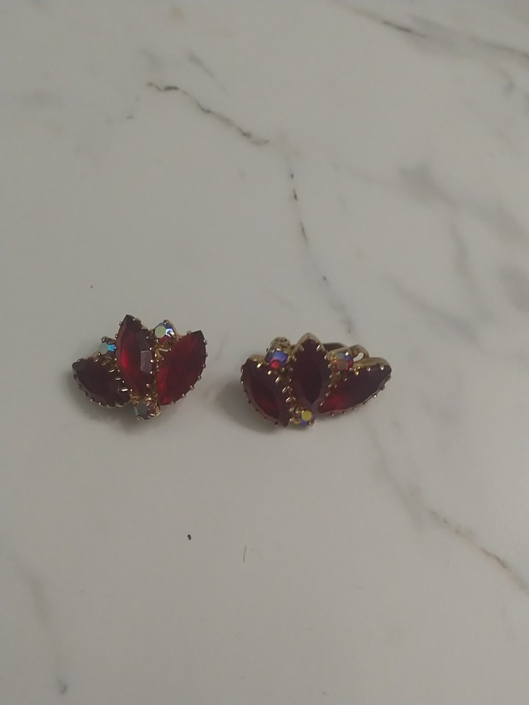 Vintage Mid-Century Ruby Red Marquise & AB Rhinestone Clip On Earrings Unsigned