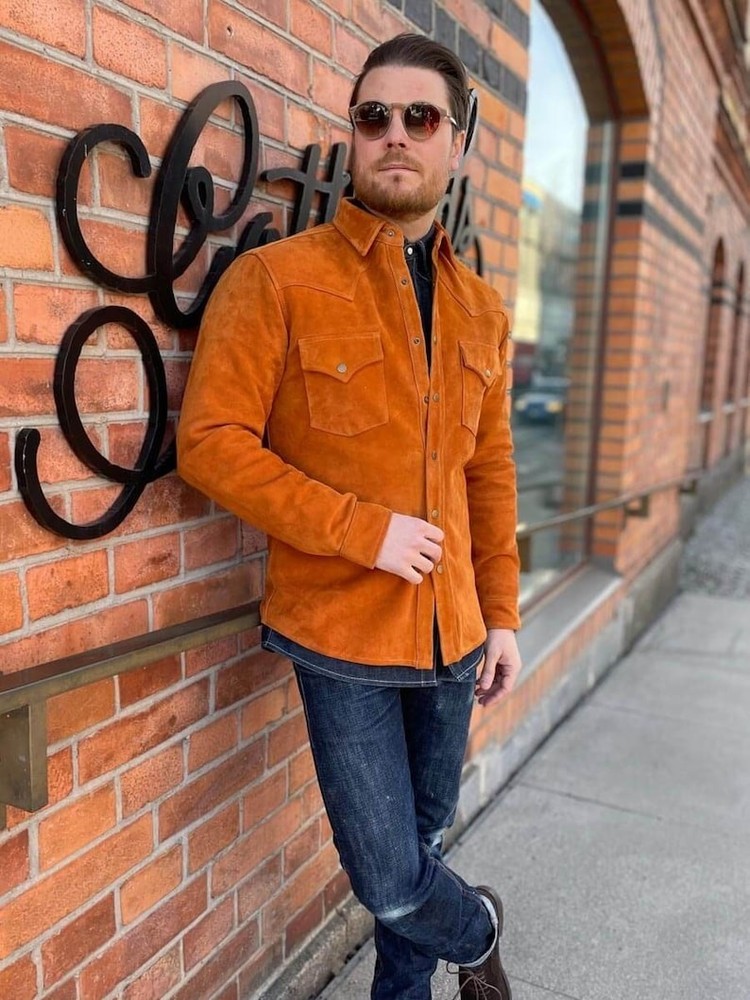 Men's Red Pure Suede Leather Jacket Classic Retro Casual Coat