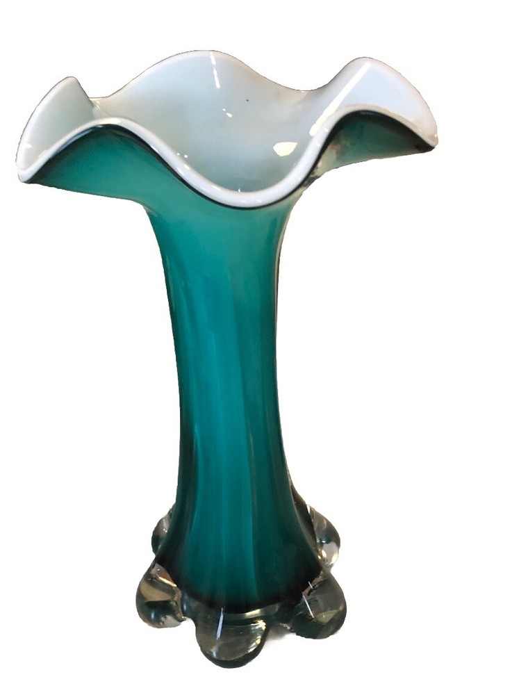 Large Vintage Murano Style Cased Art Glass Vase Ruffled Rim Turquoise White