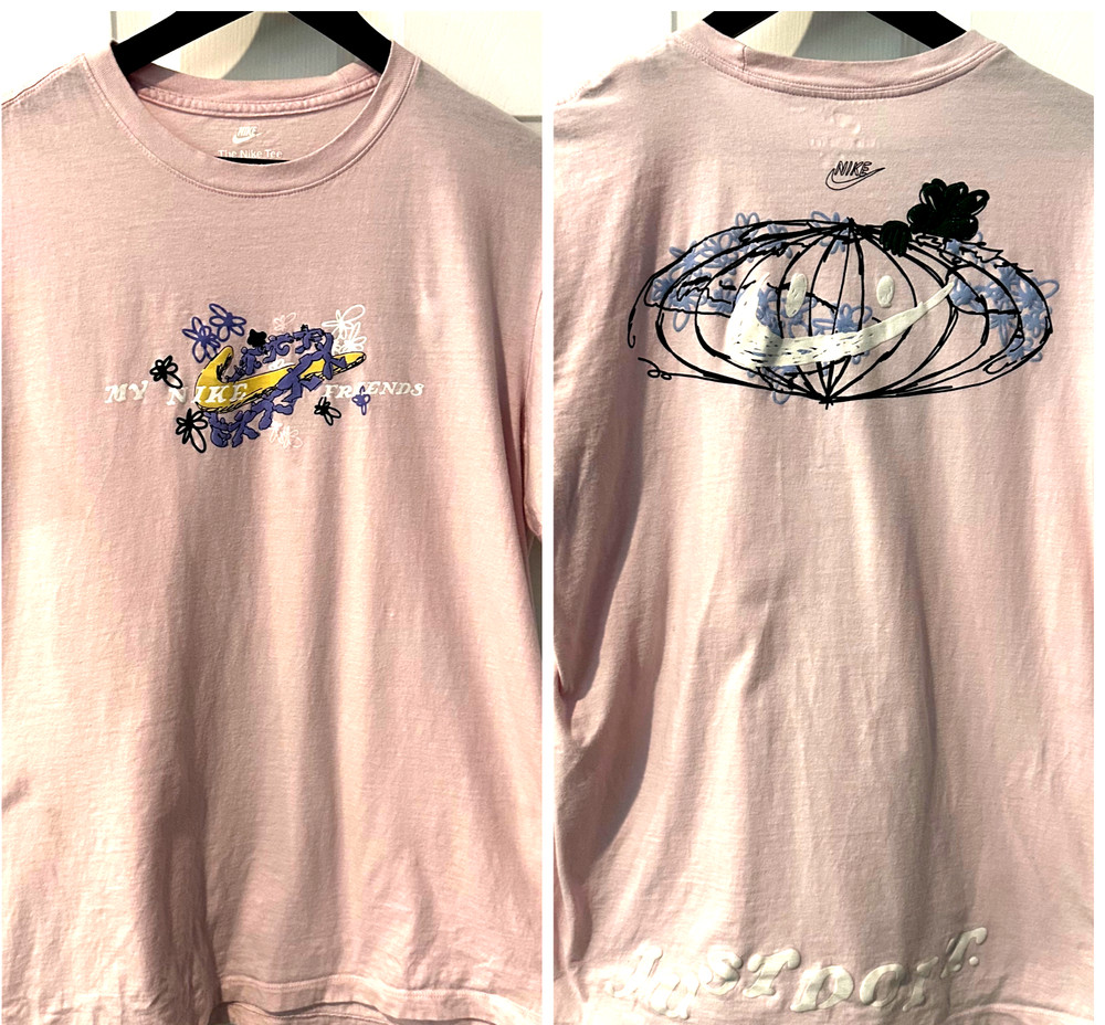 Nike The Nike Tee MY NIKE FRIENDS Shirt Yellow Swoosh/Purple Floral Graphics  LG